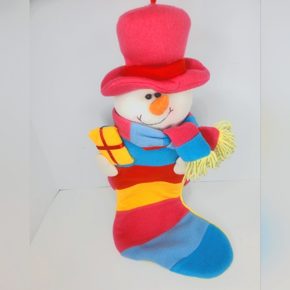 Snowman Pink Felt Christmas Stocking 19" MultiColored‎ Teal Blue Yellow Red